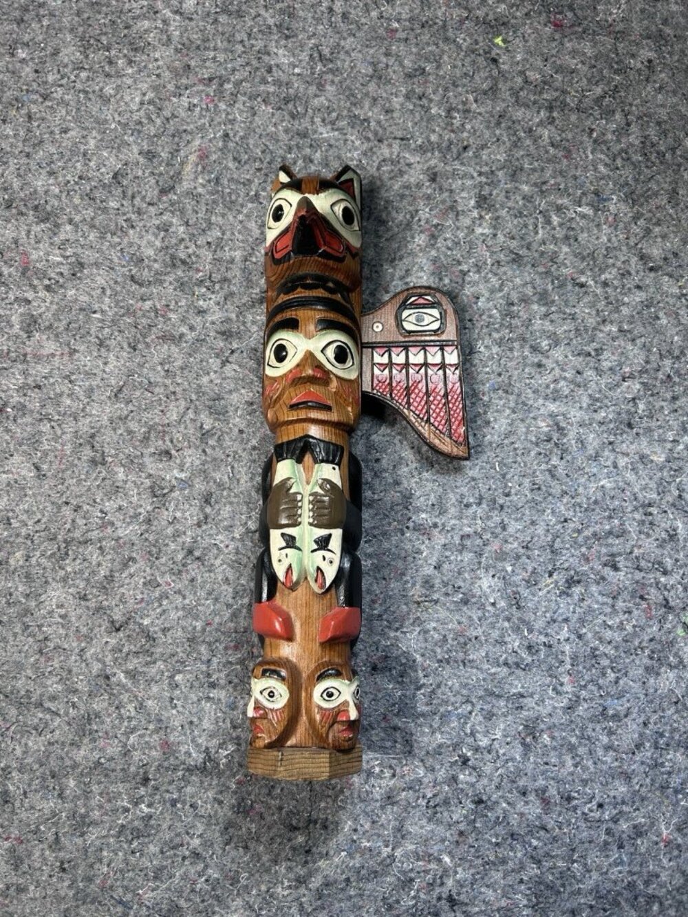 Vintage Hand Carved Painted Totem Pole 16" Made in Alaska Signed Cedar Wood